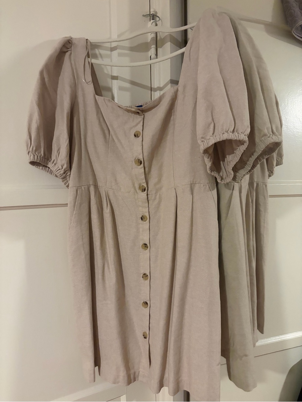 Old Navy Beige Button-Front Puff Sleeve Mini Dress